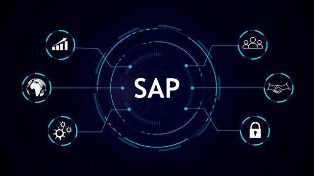 Centered SAP text with tech-circuit circular interface on dark blue background, connected to six neon-blue icons: chart, users, handshake, lock, gears, globe.