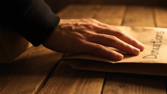 Hand pushing donation bag from left side across wooden table