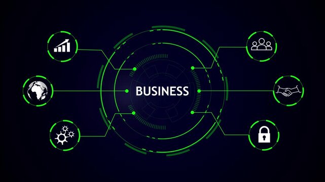 Dark futuristic business infographic with central circular tech HUD, neon green lines connecting six outer circular nodes on deep blue background, modern digital concept
