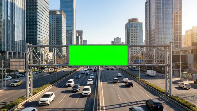 Highway traffic in modern city with large green horizontal billboard mockup on pedestrian bridge urban expressway advertising display screen for marketing promotion and branding concept