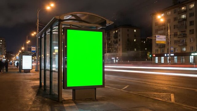 City bus stop at night with illuminated green billboard mockup urban street advertising display panel public transport shelter with glowing blank screen for marketing promotion