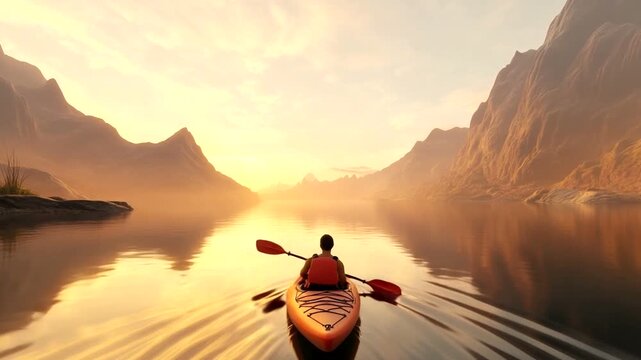 Man Kayaking in Serene Mountain Lake.