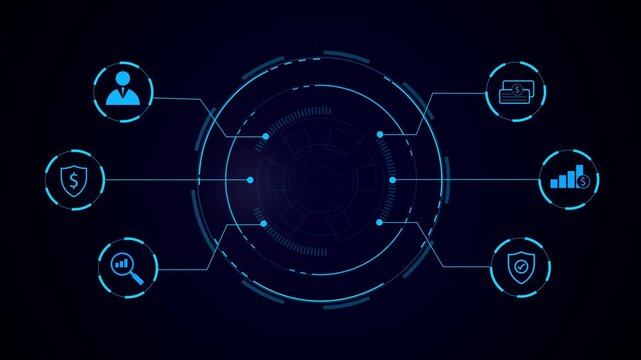 Futuristic blue circular hud interface with six connected icons on dark background