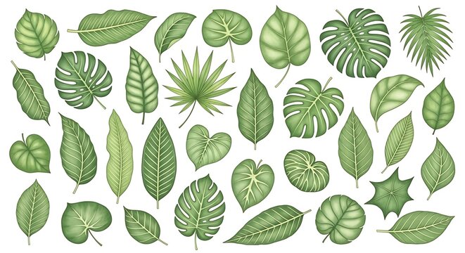 Collection of diverse green leaves on white background