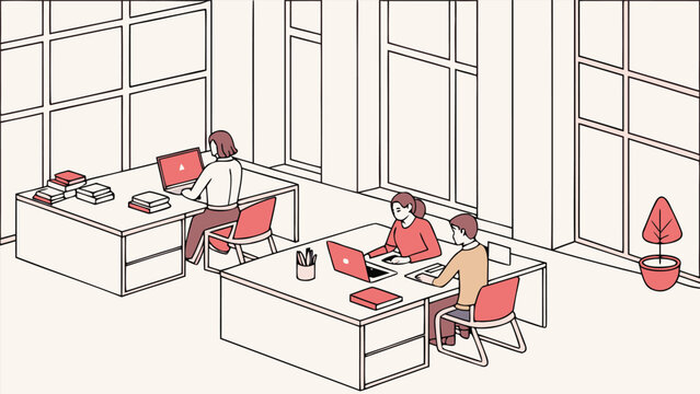 Professional people working diligently at their workstations in a bright minimalist workplace