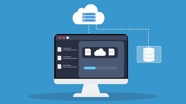 Animated computer monitor displaying cloud storage interface connected to database system, representing cloud computing, digital storage infrastructure, and data management technology.

