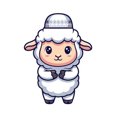 Cartoon illustration of a sheep wearing a knit hat and scarf on a white background with a cute expression.