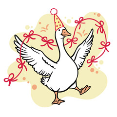 Obraz premium Festive goose wearing party hat with ribbon heart. Cute hand drawn illustration isolated on transparent background, perfect for Valentine’s Day, birthday cards, celebrations and fun prints