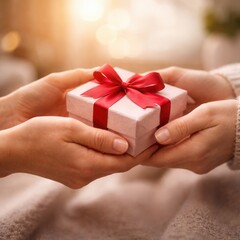Hands giving a gift with red bow, concept of surprise and celebration
