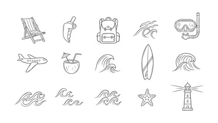 Fototapeta premium Travel Icons Collection: An array of meticulously crafted line art icons that perfectly encapsulate the essence of travel, inviting viewers to embark on a journey of discovery and adventure. 