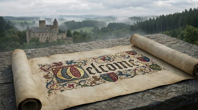 Ornate illuminated medieval welcome scroll rests on stone parapet overlooking distant castle