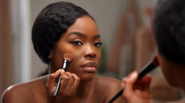 Woman Meticulously Beautifying Herself Confidently. Serene Lady Enhancing Features In Bright Studio