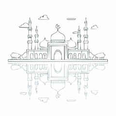 Islamic mosque architecture line art illustration with clouds and reflection.