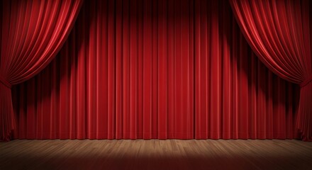 Red velvet theater curtains opening on wooden stage, spotlight