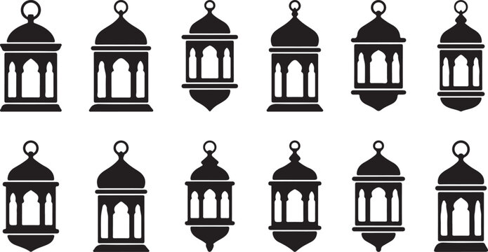 Ramadan Lantern Icon Set &ndash; Arabic Lamp, Islamic Decoration, Festive Light, Eid Mubarak, and Traditional Fanoos Silhouette
