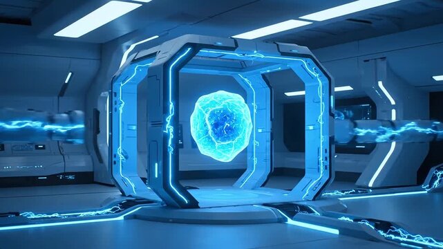 Futuristic laboratory with glowing blue cell specimen on display