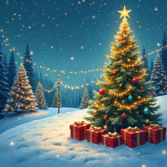 Obraz premium Decorated evergreen tree with star on top sits in snowy forest. Presents in red boxes lie on snow covered ground. Twinkling lights adorn trees and sky adding festive glow.