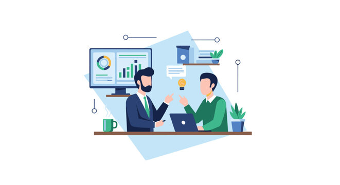 Two businessmen brainstorming in a modern office, with one sharing a new idea while referencing data on a monitor.