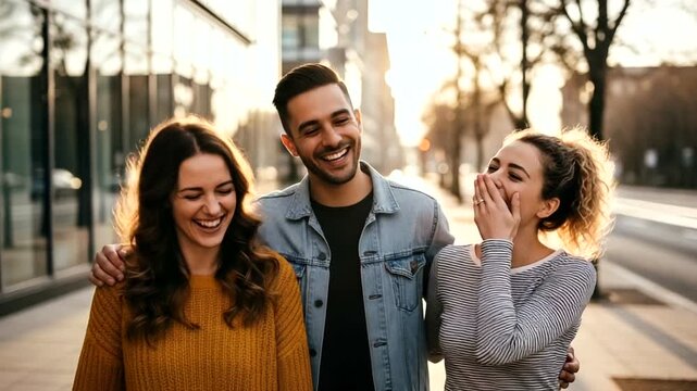 Group of Friends Laughing on City Street.