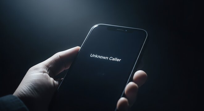 Hand holding phone with unknown caller display