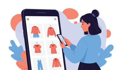 Woman browses through a clothing catalog on a giant smartphone to select her favorite dresses for online purchase.