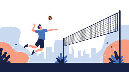 Athletic male player jumping high in the air to hit a volleyball over the net during an intense sports match in the city park.