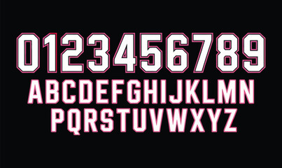 Obraz premium Sport Style Vector Font Collection Featuring White Athletic Numbers and Alphabet with Pink and Maroon Outlines for Jersey Design and Team Branding