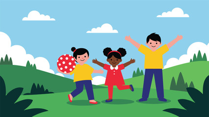 Three happy children play with a red and white polka dot ball in a vibrant green meadow under a clear blue sky with clouds.