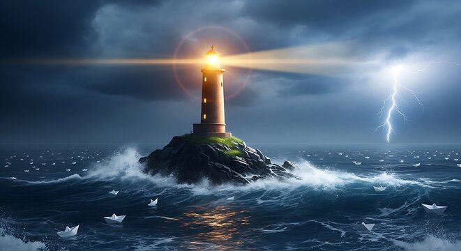 Lighthouse on rocky island during storm with lightning and boats