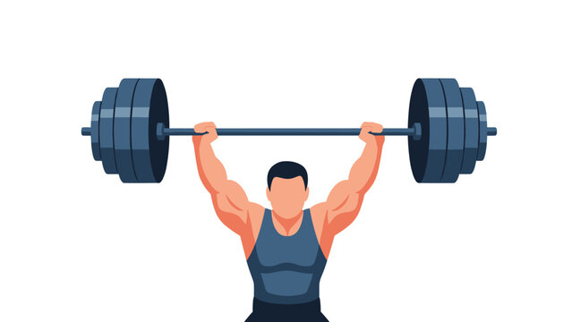 Strong man lifts a heavy barbell with large weights over his head, demonstrating power and success in a weightlifting feat.