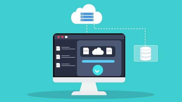 Animated computer monitor displaying cloud storage interface connected to database with verification symbol, representing secure cloud computing, data validation, and digital storage systems.
