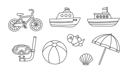 Seaside Essentials: An illustration of a bike, two boats, snorkeling gears, a beach ball, a seashell, an umbrella, and a cute snail, embodies the spirit of summer vacations and maritime adventures. © AbuAbdillah