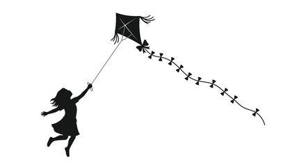 A silhouette of a girl joyfully flying a diamond shaped kite outdoors © MdAbdul