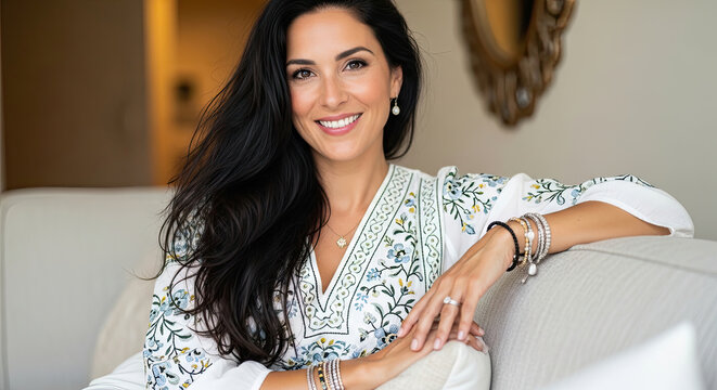 Smiling woman in white patterned blouse.