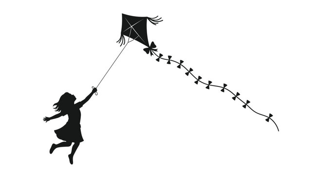 A silhouette of a girl joyfully flying a diamond shaped kite outdoors