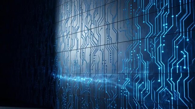 Futuristic circuit board pattern with glowing blue lines and dots on metallic tiles