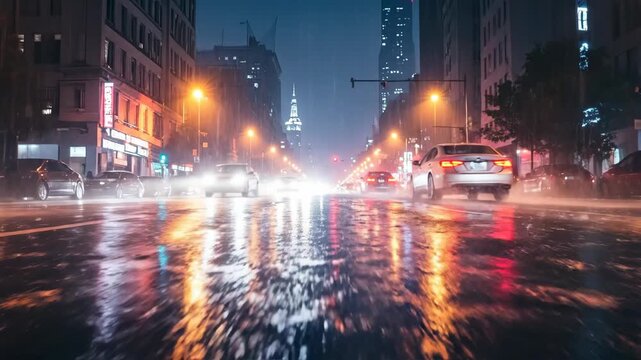 Nighttime City Street Scene with Rain and Moving Vehicles.