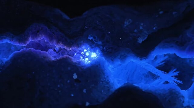 Glowing blue mineral formation in dark cave