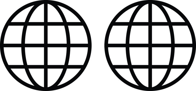 Black wireframe globe icons isolated on transparent background