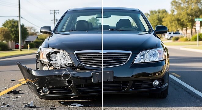 Split image showing a black car before and after a front-end collision, illustrating damage and repair.
