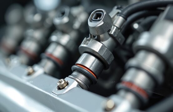 Macro view of diesel engine fuel injectors and fuel lines. Intricate metal parts of auto engine, power system detail. Clean auto part component in mechanical workshop.