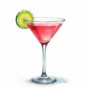 Watercolor painting of a pink cosmopolitan cocktail in martini glass with lime garnish. Hand-drawn illustration for bar menus party decor or drink ads.