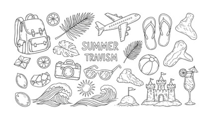 Summer Travel: An artistic collection of summer travel essentials, each meticulously sketched to evoke the allure of sun-soaked escapes and adventures. 