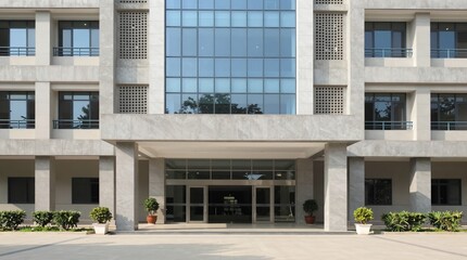 Obraz premium A large modern office building with a sleek glass entrance and concrete exterior