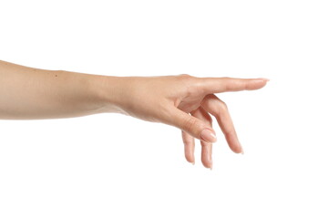Female hand pointing index finger, closeup, isolated on white
