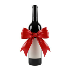 A wine bottle with a red bow