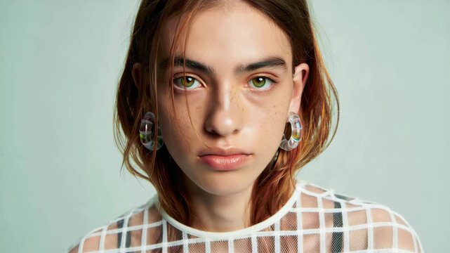 Close up portrait of gen z young woman with freckles and wet auburn hair, direct gaze studio headshot, clean girl minimal makeup, glazed skin, sheer mesh grid top, transparent hoop earrings