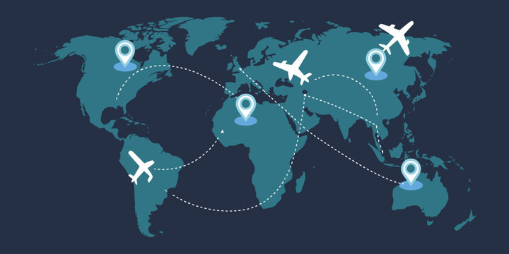 Top View World Map vector illustration with aircraft, flight paths, and destination pins, global logistics network concept, infographic and web banner design.