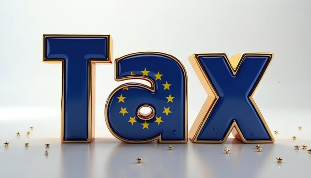 Large three dimensional letters spelling TAX with European Union flag design. Gold trim surrounds blue letters. Small gold stars scattered on shiny white surface. Concept of EU financial policy.