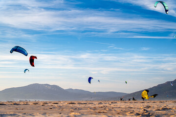 Kites and people on beach in Tarifa, holidays in Spain, Andalusia. © Tomasz